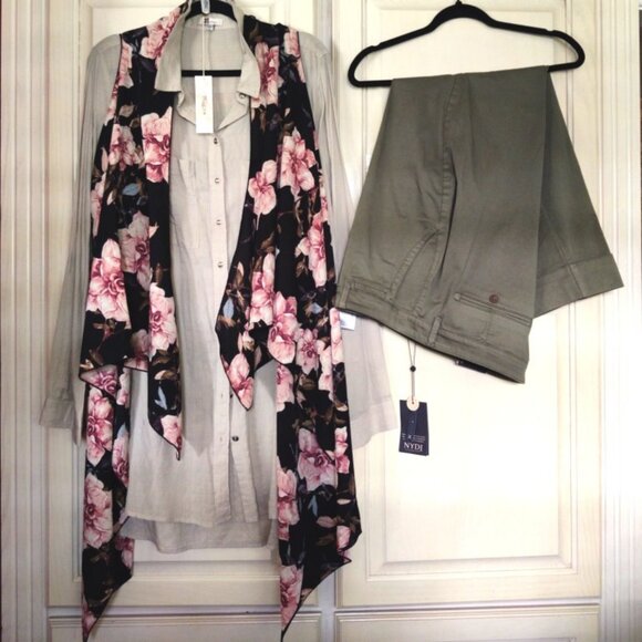 NYDJ Olive Trousers, Kut from Kloth Khaki Tunic, Floral Vest, 3 Piece, Sz XL-2X - Picture 1 of 15